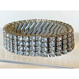 Vintage Rhinestone Stretch Bracelet Clear Stones Silver Tone Wide Band Bride